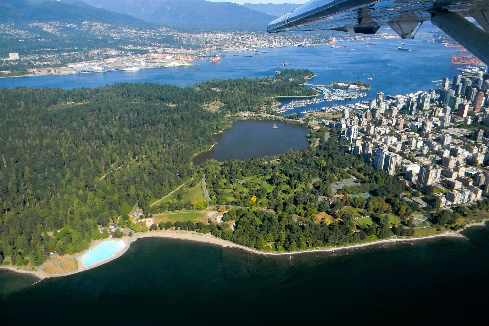 Aerial view over Stanley Park and the harbour, Vancouver, at first light